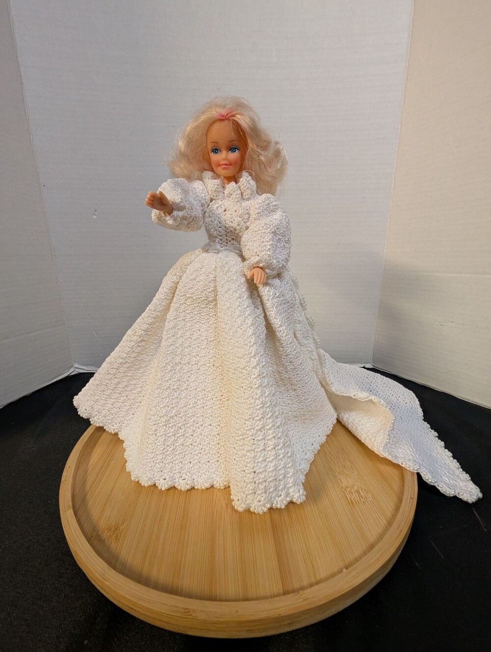 Vintage Handmade Barbie Doll Crochet Wedding Dress and Long Train